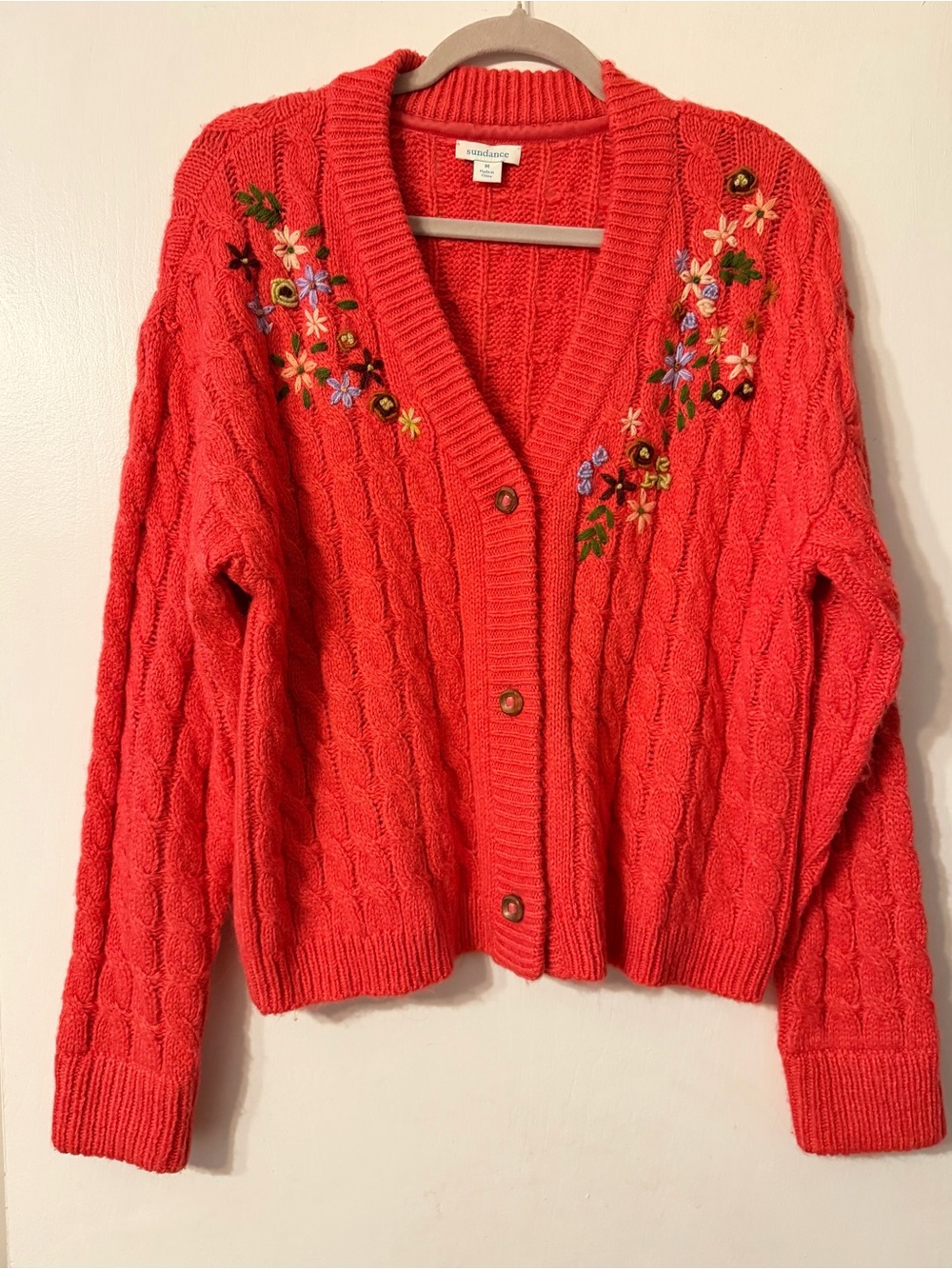 SUNDANCE Embroidered Floral Coral Cable Knit Cardigan Pocket Full of Poises Sz M